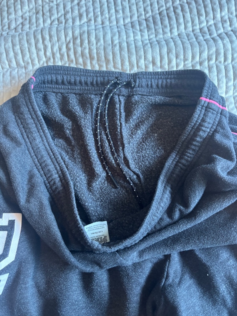 PINK Victoria's Secret Sweatpants Charcoal Dark Grey Pink Piping Graphic Large - Picture 6 of 8